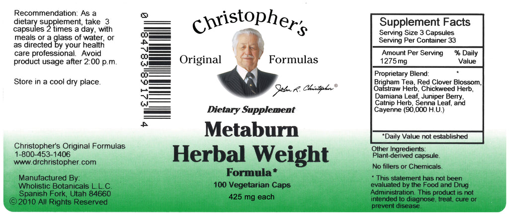 Metaburn Herbal Weight Capsule Label